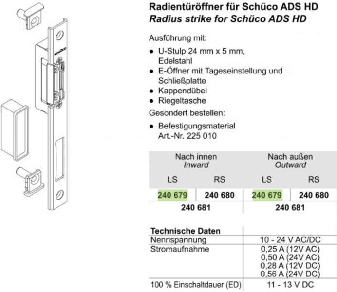 SCHÜCO 240679 E-Öffner m.Schließpl 10-24V R LS 