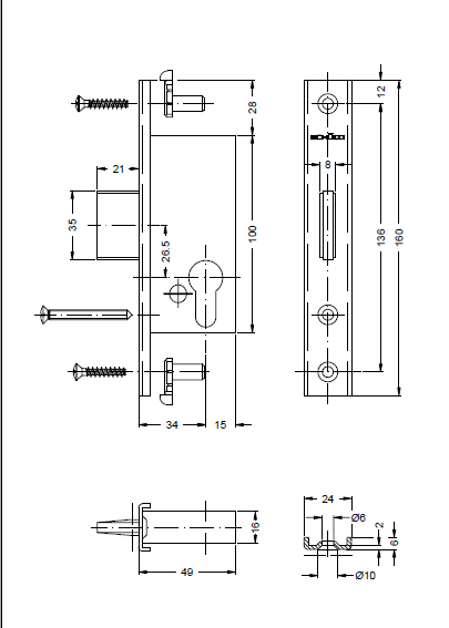 SCHÜCO 241184 Riegelschloss Pendelst 2flg34 